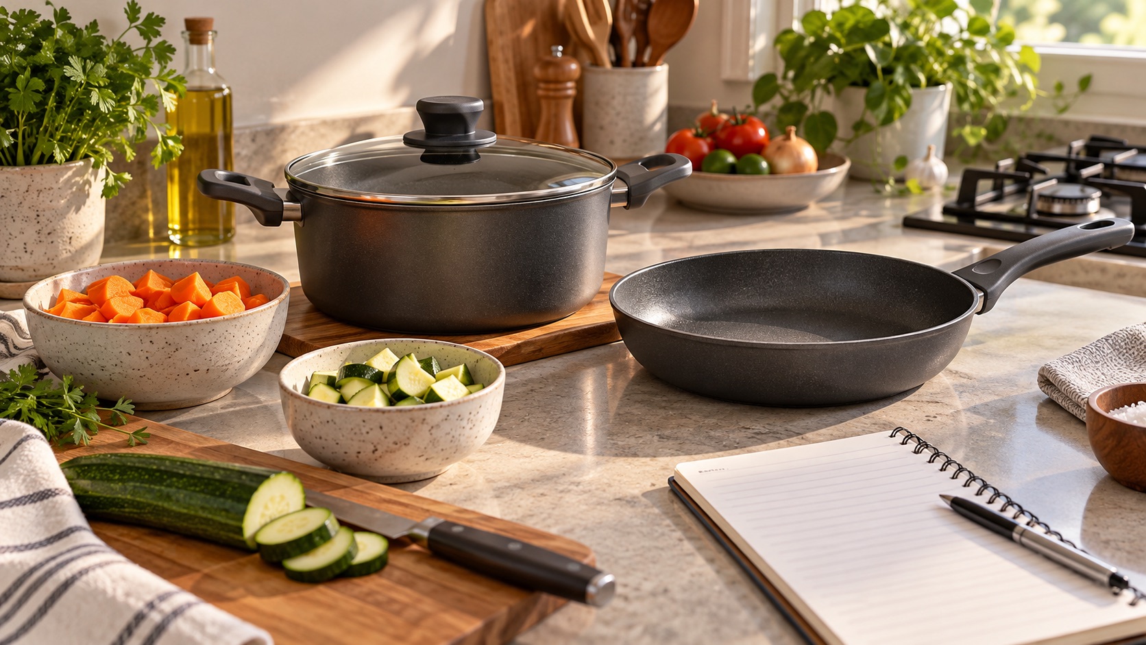 Cena ilustrativa com panelas cinza, legumes cortados e caderno de planejamento na cozinha